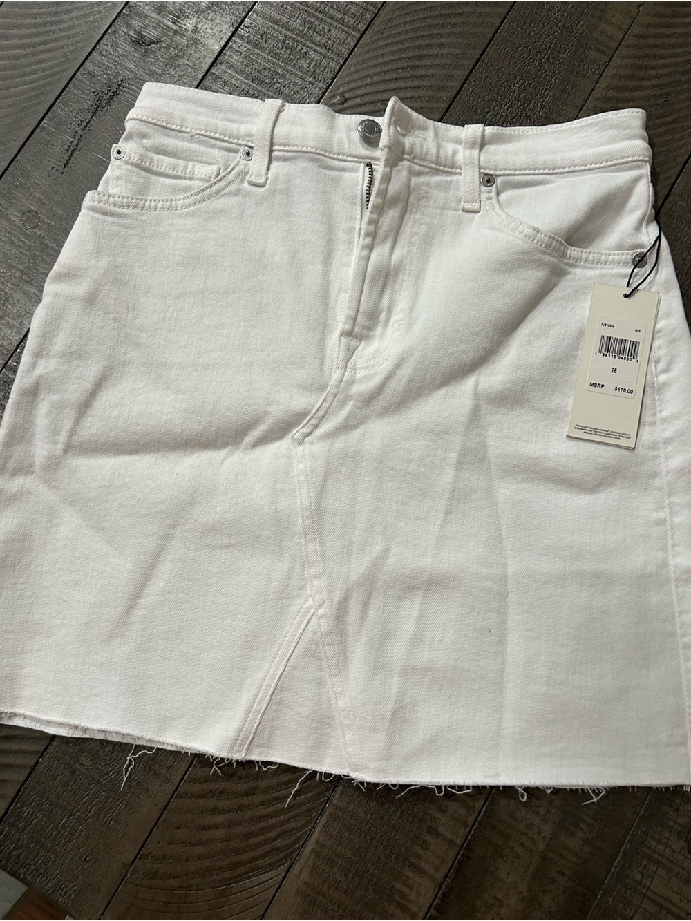 7 For All Mankind White Denim Mini Skirt with Leather Logo Patch